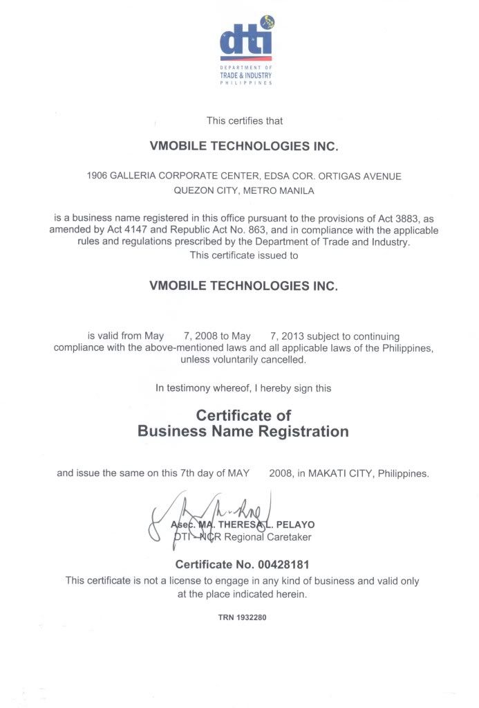DTI Certificate of Business Name Registration