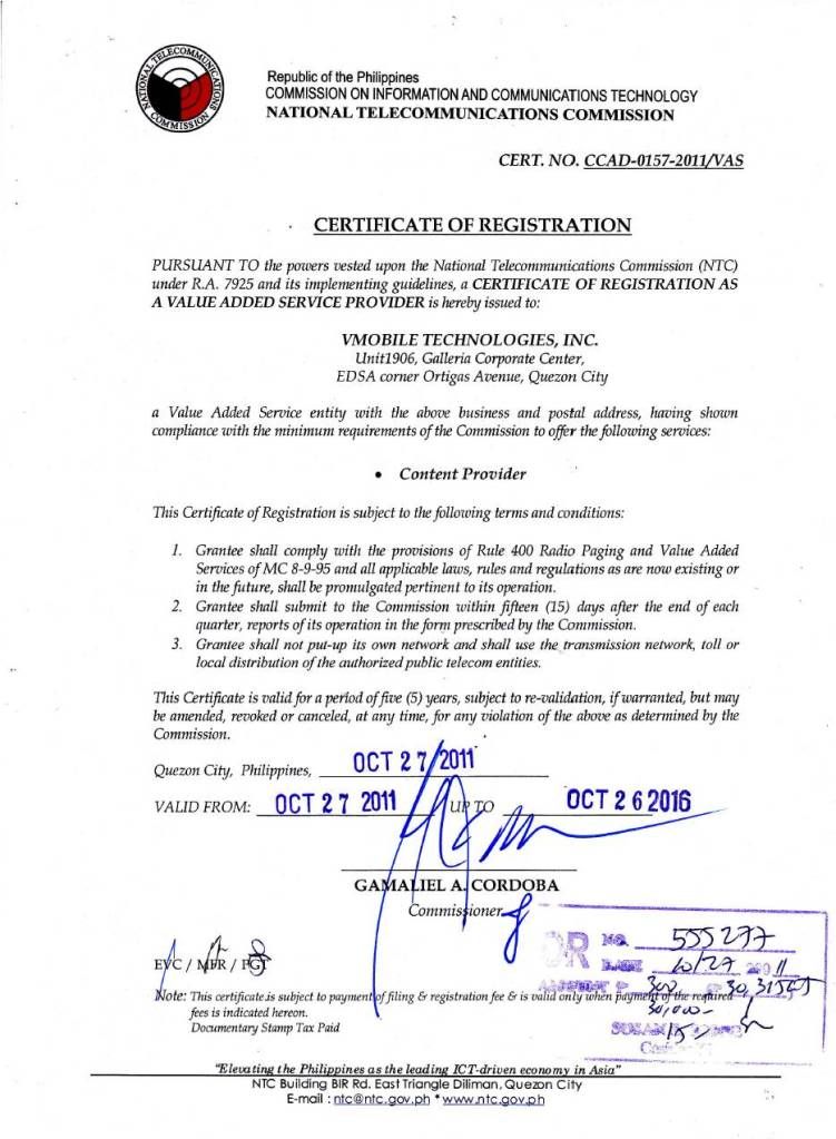 National Telecommunications Commission (NTC) Certificate of Registration
