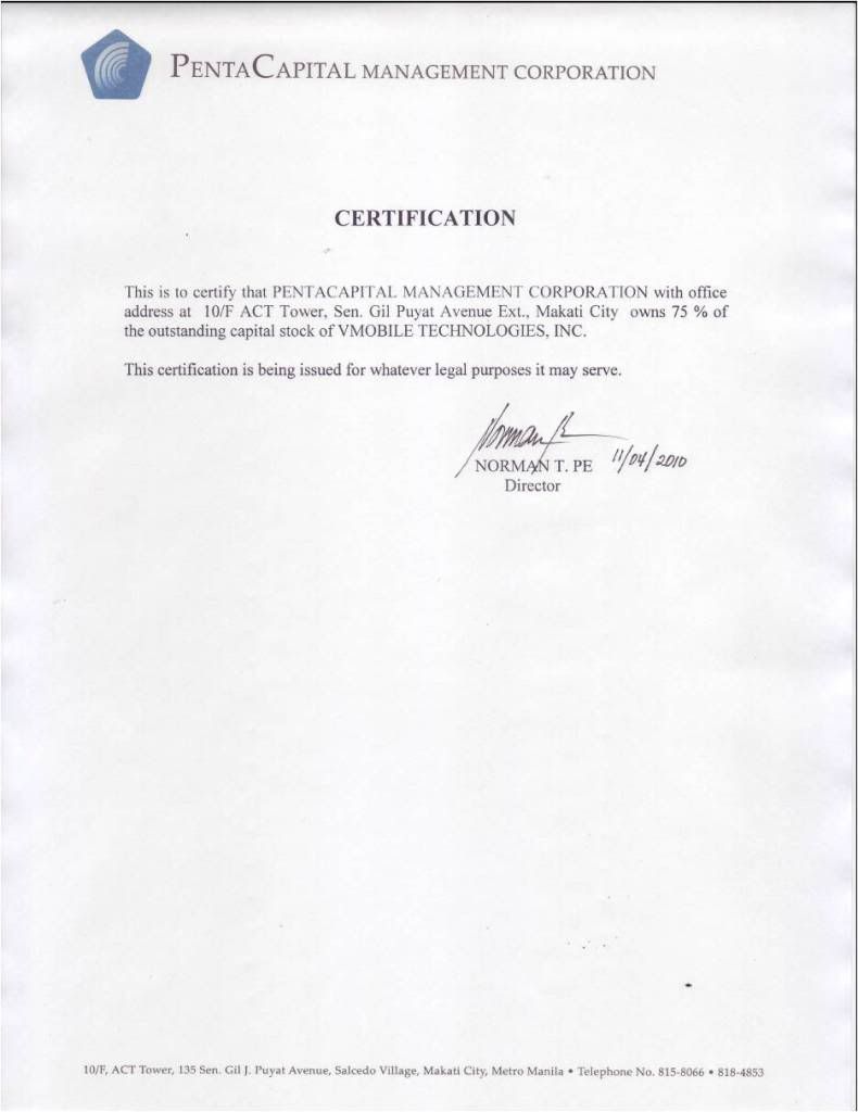 Penta Capital Management Certification of Ownership