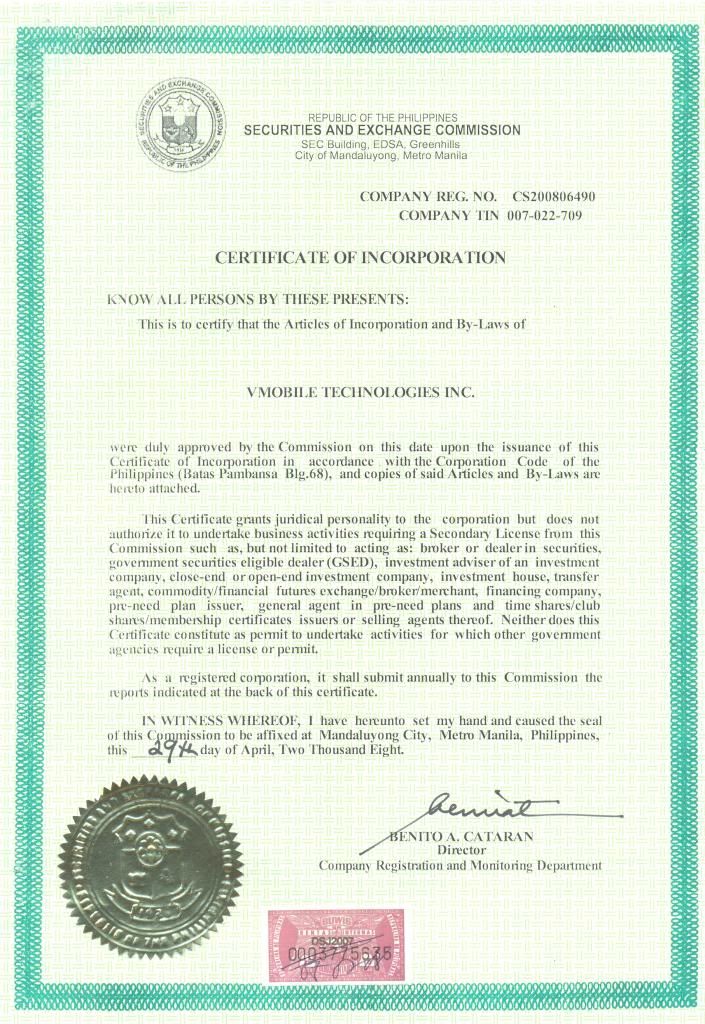 SEC Certificate of Incorporation